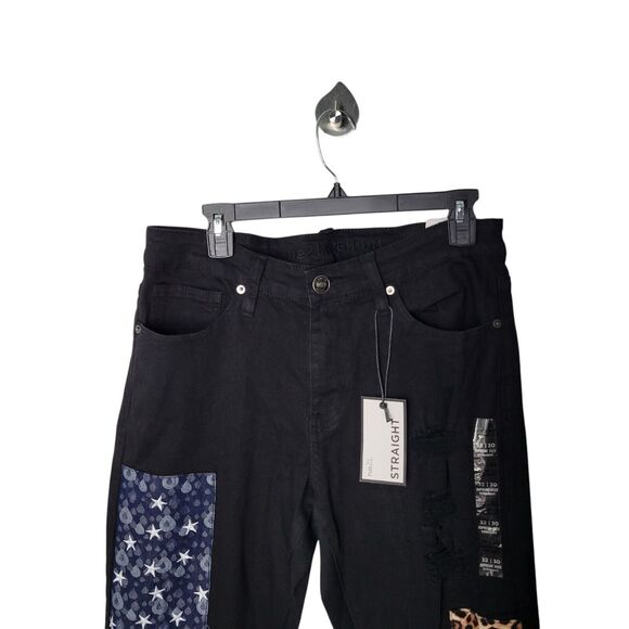 Rue21 Supreme Flex Mens Size 32x30 Black Patchwork Straight Leg Jeans - Picture 2 of 12